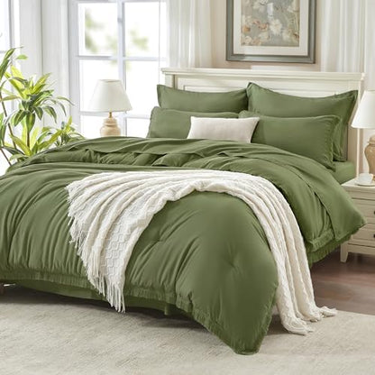 Andency California King Comforter Set, 7 Pieces Olive Green Bedding
