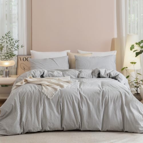 JIYUAN Oversized King Washed Cotton Duvet Cover Set, Linen-Like Pinstripe