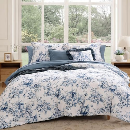 BLOOMHAVEN Full Size Comforter Sets-7 Pieces Blue Floral Bed in a Bag