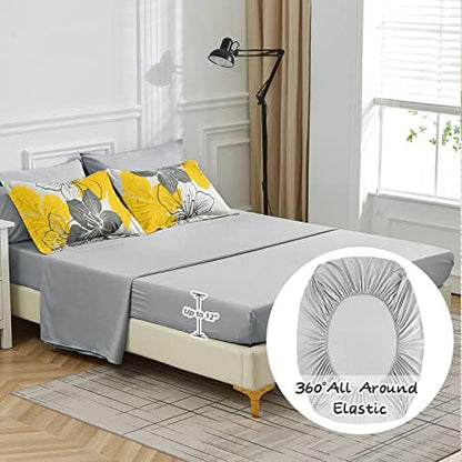 Yellow Comforter Set Queen, 7 Pieces Yellow Floral on Gray Bed in a Bag
