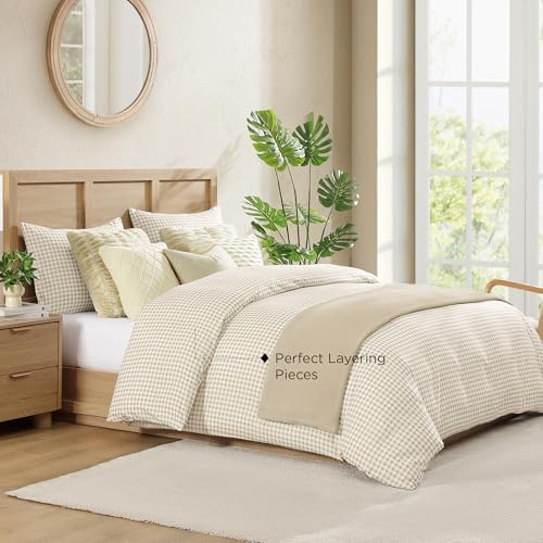 Andency Cream Gingham Duvet Cover Full, Beige Checkered Plaid Bedding Set