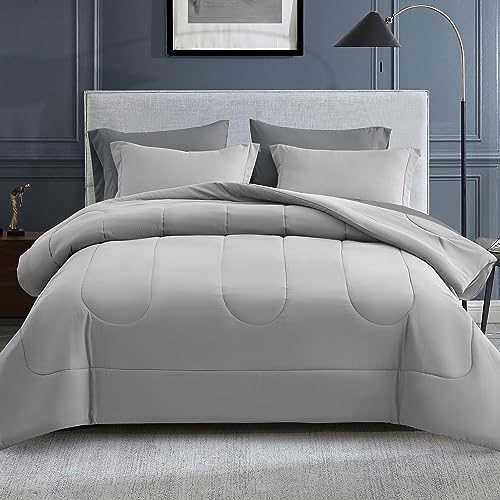 Maple&Stone Full Comforter Set 7 Pieces Bed in a Bag Light Grey Bed Set