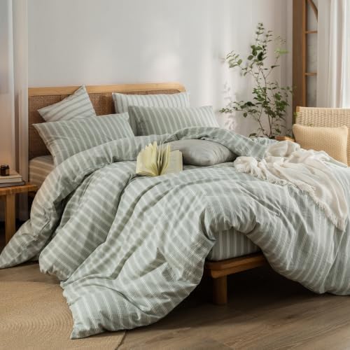 BESTOUCH Striped Cotton Duvet Cover Set Linen Feel California King