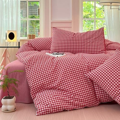 LifeTB Queen Comforter Set Red Gingham Comforter Modern Style Plaid Boho Comforter Set 3 Pieces Fluffy Grid Checkered Comforter with 2 Pillowcases Farmhouse Gingham Bedding Set Queen Size
