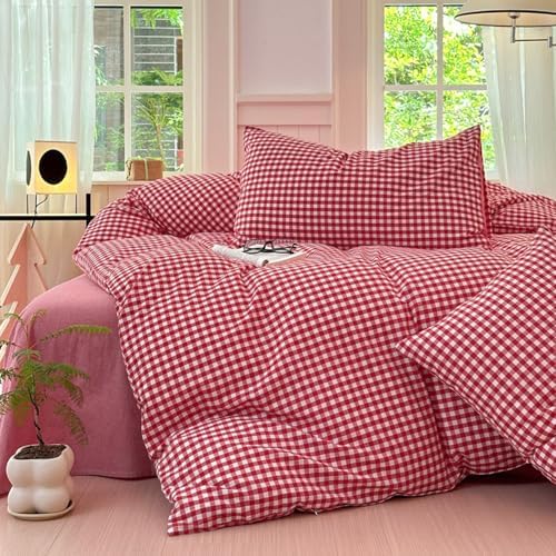 LifeTB Red Gingham Comforter Set King Modern Style Boho Plaid Comforter Set 3 Pieces Soft Fluffy Grid Checkered Pattern Comforter with 2 Pillowcases Farmhouse Gingham Plaid Bedding Set Breathable