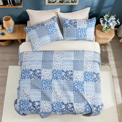 Litanika Floral Blue Quilt Queen - 3Pcs Botanical Birds Bedding Set