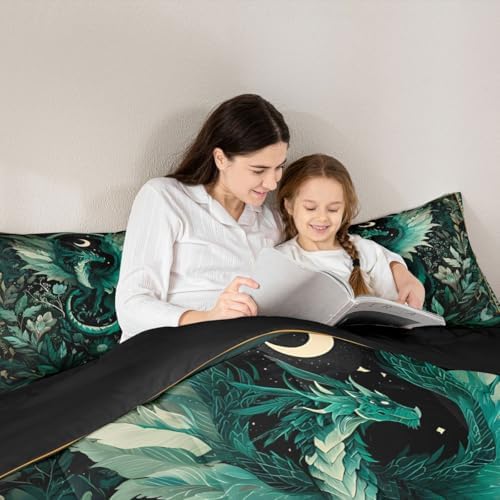 Feelyou Dragon Comforter Set All Season Dragon Stuff Bedding Set with 1 Pillow Cases Wild Life Kids Twin Bedclothes Magic Wildlife Bedroom Decor Greenish Duvet Quilt Breathable Soft