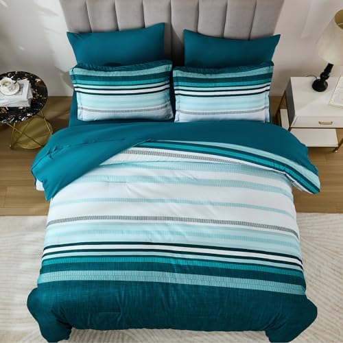 Dobuyly Teal Comforter Full Size Set 7 Pieces, Blue Boho Striped Bed in a Bag Full Size Soft Microfiber All Season Bedding Set with Comforter, Sheets, Pillowcases & Shams