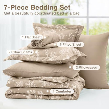 MUXHOMO Taupe Full Comforter Set, Elegant Floral Print Bed in a Bag 7 Pieces, Ultra Soft & Breathable Reversible Botanical Pattern Bedding Set with Comforter, Sheets, Pillowcases, and Shams