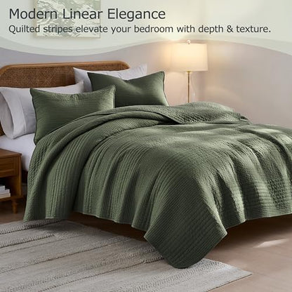 palassio Striped Olive Green 100% Cotton Quilt Twin Size Bedding Sets, Lightweight Crinkly Channel Pick Stitch Textured Bedspread Soft Shabby Chic Farmhouse Country Coverlet for All Season, 1 Sham