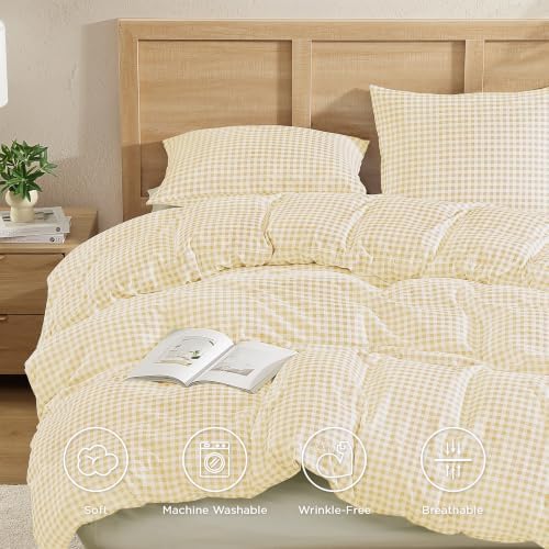 Andency Gingham Duvet Cover Twin Size, Yellow Checkered Plaid Bedding Set with Zipper Closure & Corner Ties, 2 Pieces Soft Prewashed Microfiber Comforter Cover for Dorm Kids