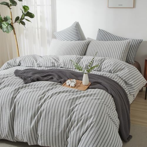 Striped Duvet Cover Set 100% Washed Cotton Linen Feel King