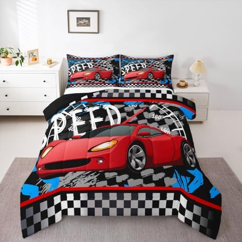 Feelyou Boys Race Car Bedding Set Cool Race Sports Car Set Comforter Set for Kids Boys Sports Theme Duvet Set Checkered Comforter Red 1 Comforter Set with 1 Pillowcase Twin Size