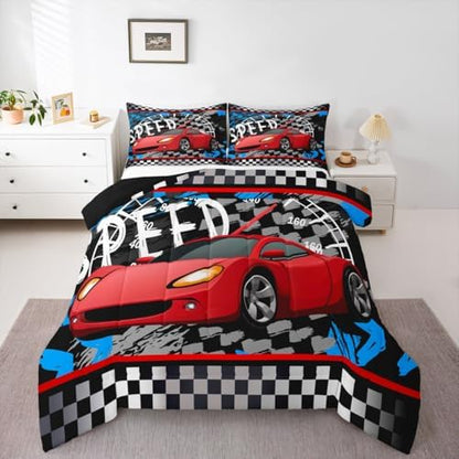 Feelyou Boys Race Car Bedding Set Cool Race Sports Car Set Comforter Set for Kids Boys Sports Theme Duvet Set Checkered Comforter Red 1 Comforter Set with 1 Pillowcase Twin Size