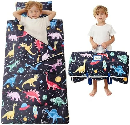 Toddler Nap Mat for Preschool 50''x30'' Sleeping Mat with Removable Pillow and Minky Blanket for Kids Ages 3-7 Roll Up Soft Sleeping Bag for Boys Girls Kindergarten Daycare Sleepover