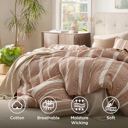 Bedsure PureWoven Boho Striped 100% Cotton Waffle Duvet Cover Set, Queen