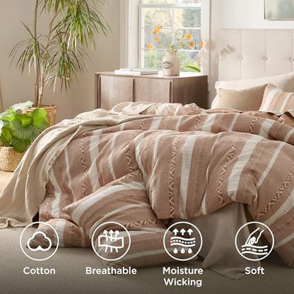 Bedsure PureWoven Boho Striped 100% Cotton Waffle Duvet Cover Set, Queen