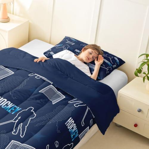 Ice Hockey Player Comforter Set Queen Size,Modern Minimalist Trendy Sport Bed in a Bag 3Pcs for Kids Teens Woman Men Room Decor,Navy Blue Quilted Duvet Athlete Silhouette Down Comforter,2 Pillowcases