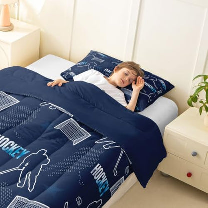 Ice Hockey Player Comforter Set Full Size,Modern Minimalist Trendy Sport Bedding Sets 3Pcs for Kids Girls Boys Youth Room Decor,Navy Blue Down Comforter Athlete Silhouette Quilted Duvet,2 Pillowcases