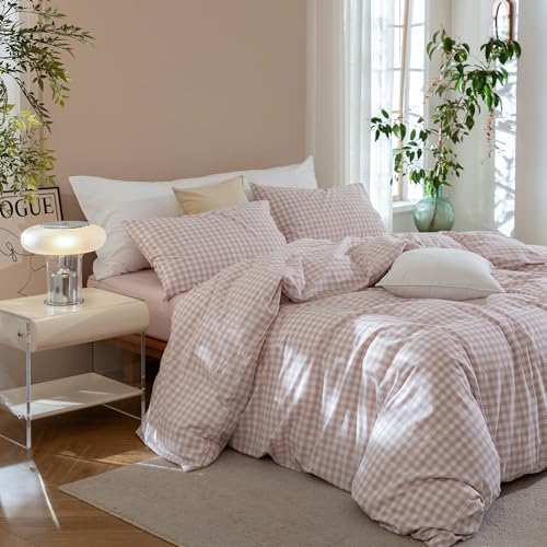 JIYUAN Queen Washed Cotton Duvet Cover Set, 3-Piece,Classic Gingham