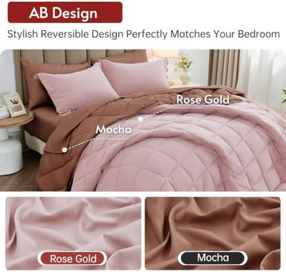 MUXHOMO 5 Pieces Twin Comforter Set, Reversible Bed in a Bag Twin Size, All Season Bedding Set with Comforter, Flat Sheet, Fitted Sheet, Pillowcases & Shams, Rose Gold & Mocha