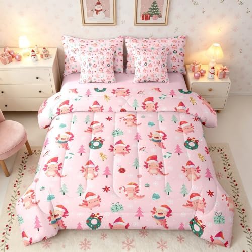 Erosebridal Pink Christmas Theme King Comforter Set 7 Piece for Kids Boys Girls Xmas Axolotl Bed in A Bag with Sheets Salamander Snowflake Bedding Set Cartoon Animal Bed Set Holiday Room Decor