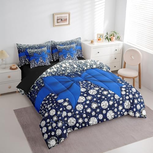 Blue Bowknot Bed in a Bag King Size Comforter Set 7 Pieces,Kawaii Bow Knot Bedding Set,Silk Ribbon Comforter and Sheet Set Glitter Sequin Print Diamond Bed Set,Dreamy Princess Style Cute Bedroom Decor
