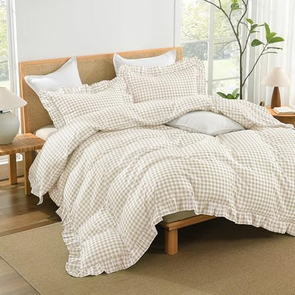 Andency Cream Gingham Duvet Cover King, Ruffle Shabby Bedding Set 3 Pcs