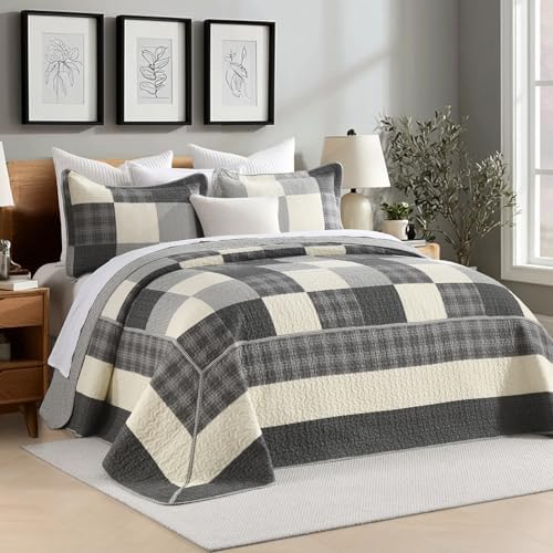 SahSahCasa 120"x120" Oversized King Quilt Set, 100% Cotton, California King Bedspread Coverlet, Cal King Quilted Bedspread Extra Large Quilt, XL Bed Spread Lightweight Comforter, 3pc, Charcoal/Cream