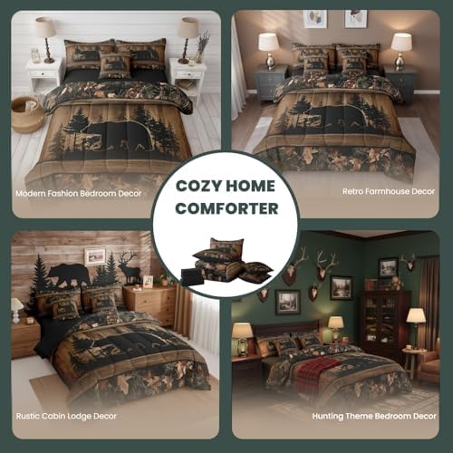 Erosebridal Farmhouse Black Bear Queen Comforter Set with Sheets 7 Piece Rustic Camo Bed in A Bag Country Cabin Lodge Bedding Sets for Kids Adults,Woodland Animal Bed Set