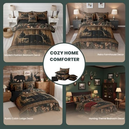 Erosebridal Farmhouse Black Bear Twin Comforter Set with Sheets 7 Piece Rustic Camo Bed in A Bag Country Cabin Lodge Bedding Sets for Kids Adults,Woodland Animal Bed Set