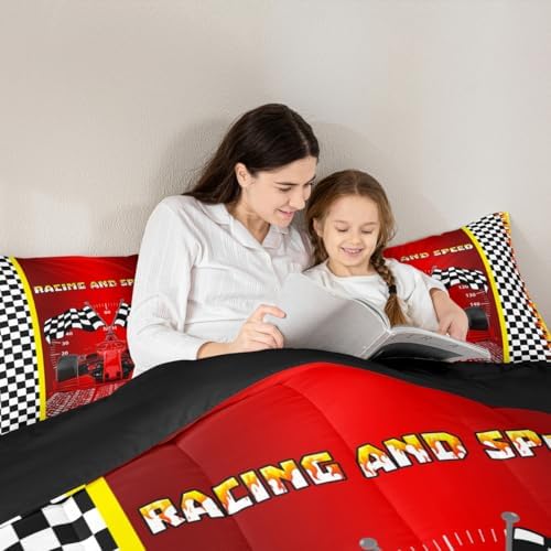 Race Car Comforter Sets for Boys Girls Black and White Checkered Bedding Red Racing Car Bedding Comforter Sets for Teens Adult Extreme Sport Theme Duvet Insert Speed Sports Car Bedroom Decor Twin
