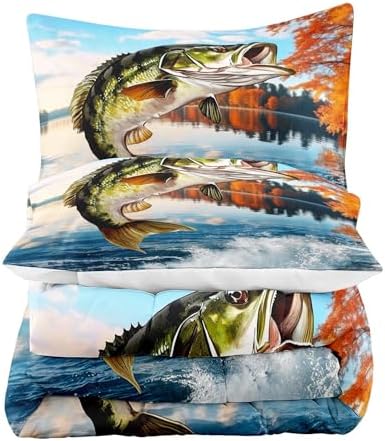 LUVIVIHOME 3PCS Fishing Comforter Set King Size, Bass Fish Bedding for Kids Teens Boys, Lake Forest Wildlife Animal Country Rustic Farmhouse Hunting Bedroom Decor Soft Microfiber Quilt, 2 Pillow Shams