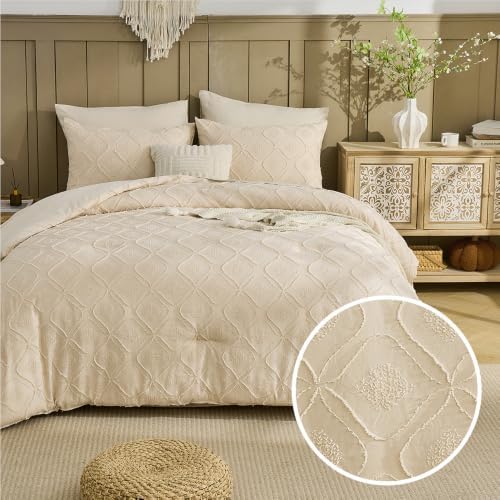 7 Pieces Boho Bedding King Tufted Bedding Set with Sheets Beige, Boho Bohemian Embroidery Jacquard Tufts Bedding Set for All Season,King Soft Fluffy Comforter
