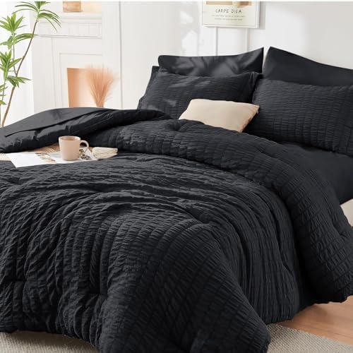 HYMOKEGE Black Full Size Comforter Sets Seersucker 7 Pieces, All Season Luxury Bed in a Bag for Bedroom, Bedding Set with Comforters, Sheets, Pillowcases & Shams