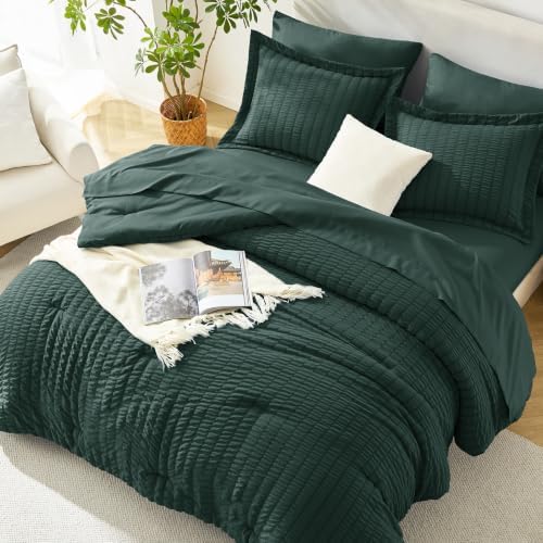 HIMEET Full Comforter Sets, 7-Piece Seersucker Bed in a Bag, Forest Green