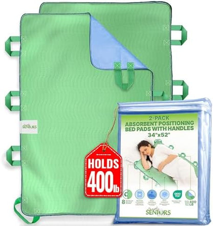 Simply Seniors Absorbent Positioning Bed Pads with 8 Handles 34"x52"- 2Pack
