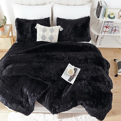 Smoofy Fluffy King Size Comforter Set, Faux Fur Black Comforter Set 3Pieces