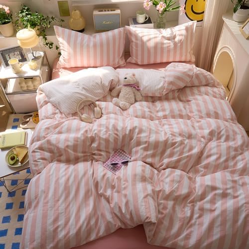VM VOUGEMARKET Pink Striped Duvet Cover Twin Size Girls Dorm Bedding Set Pink White Stripes Duvet Cover with 2 Pillowcases Soft Lightweight Microfiber Farmhouse Comforter Cover-68 x86