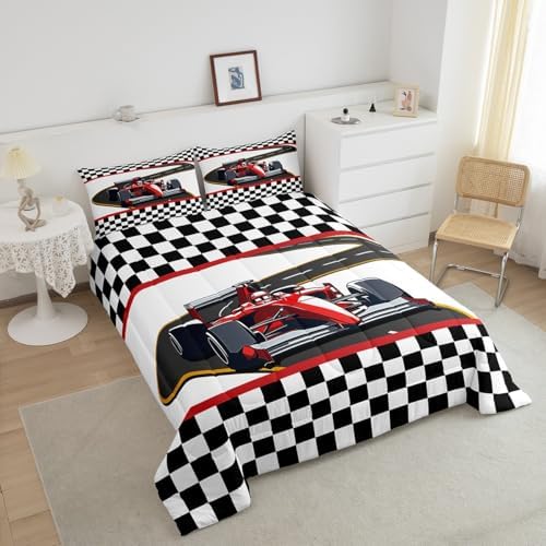 Castle Fairy Red Racing Car King Size Comforter Set,Kids Extreme Sports Theme Decor All Season Bedding Set,Teens Black White Grid Comforter,Race Car Decor Quilt Set Bedroom Collection 3Pcs
