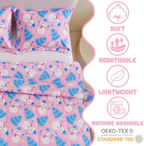 Yibeizi Pink Christmas Comforter Set Full Kids Cute Snowman Xmas Bedding