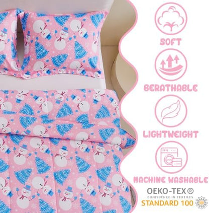 Yibeizi Pink Christmas Comforter Set Full Kids Cute Snowman Xmas Bedding