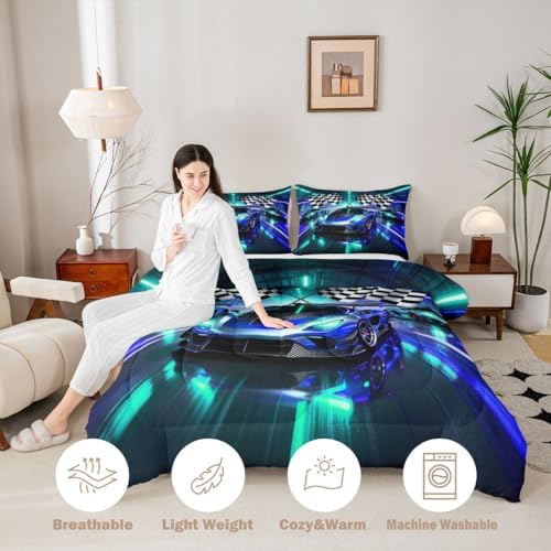 Feelyou Boys Race Car Bedding Set Soft for Boys Girls, Sports Racing Car Comforter Set King Size Extreme Sports Duvet Quilt Microfiber Automobile Bedroom Decor Buffalo Check 3 Pcs with 2 Pillow Cases