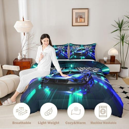 Feelyou Boys Race Car Bedding Set Soft for Boys Girls, Sports Racing Car Comforter Set King Size Extreme Sports Duvet Quilt Microfiber Automobile Bedroom Decor Buffalo Check 3 Pcs with 2 Pillow Cases