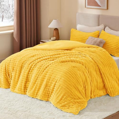 BEDELITE Fleece Full Comforter Set, Fluffy Bed Set, Bright Yellow