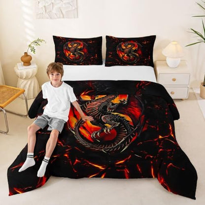 Feelyou Dragon Comforter Set King Size Wild Life Bedding Set for Kids Boys Girls Jungle Dragon Duvet Quilt Black Red Bedroom Decor Microfiber 3 Pcs with 2 Pillow Cases