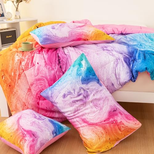 4 Pcs Tie Dye Full Bedding Set for Girls, Watercolor Marble Abstract Art Superior Girls Comforter Sets Full Size, Colorful Teenage Bedding Sets