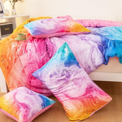 4 Pcs Tie Dye Full Bedding Set for Girls, Watercolor Marble Abstract Art Superior Girls Comforter Sets Full Size, Colorful Teenage Bedding Sets