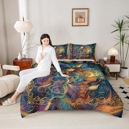 Magical Witch Kids Comforter Set Twin Size,Star Moon Starry Sky Galaxy Trippy Bedding Set,Girls Boys Room Decor,Happy Halloween Gothic Western Quilt Comforter,Colorful Duvet Insert,1 Pillowcase