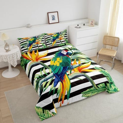 Parrot Bedding Set Palm Tree Leaf Comforter Set Full,Hawaiian Tropical Botanical Bedding Comforter for Kids Boys Girls Teens Adults,Black Striped Quilt Duvet Set 2 Pillow Cases Home Bedroom Decor